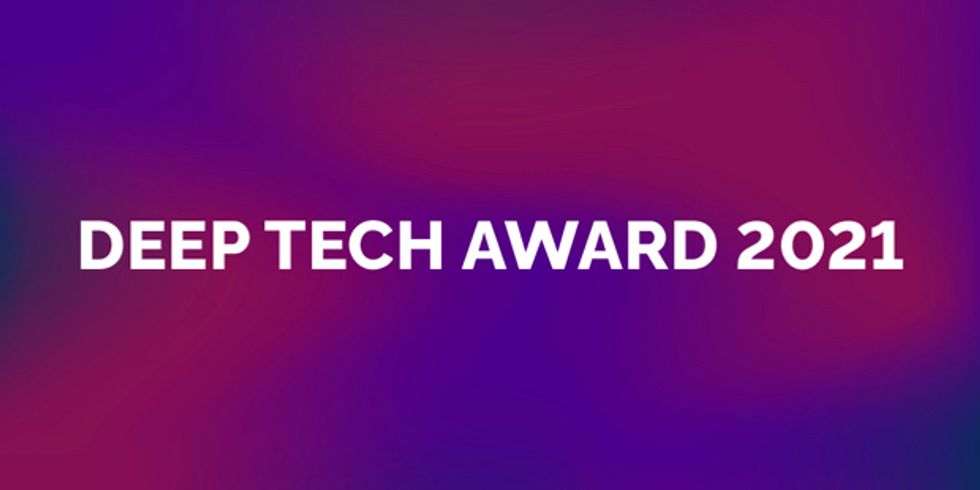 Schriftzug Deep Tech Award 2021 auf blau-pinkem Hintergrund