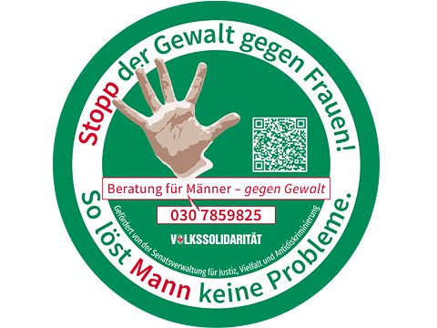 Runder grüner Aufkleber mit einer Hand und Schrift "Stopp der Gewalt gegen Frauen!"