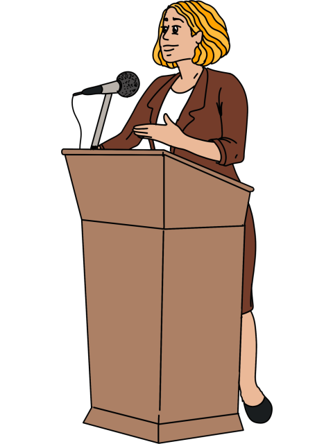 Zeichnung: eine Frau spricht an einem Redner-Pult