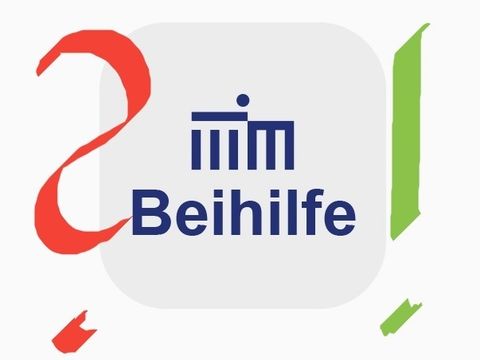 Logo der Berliner Beihilfe-App (stilisiertes Brandenburger Tor und Schriftzug 'Beihilfe') mit rotem Frage- und grünem Ausrufezeichen