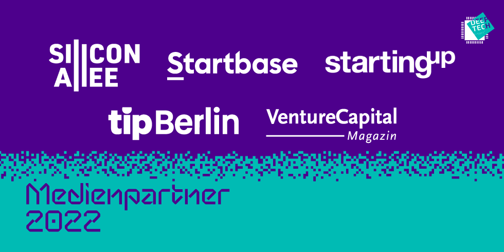 Logos der Medienpartner Silicon Allee, Startbase, Starting up, tip Berlin und Venture Capital Magazin
