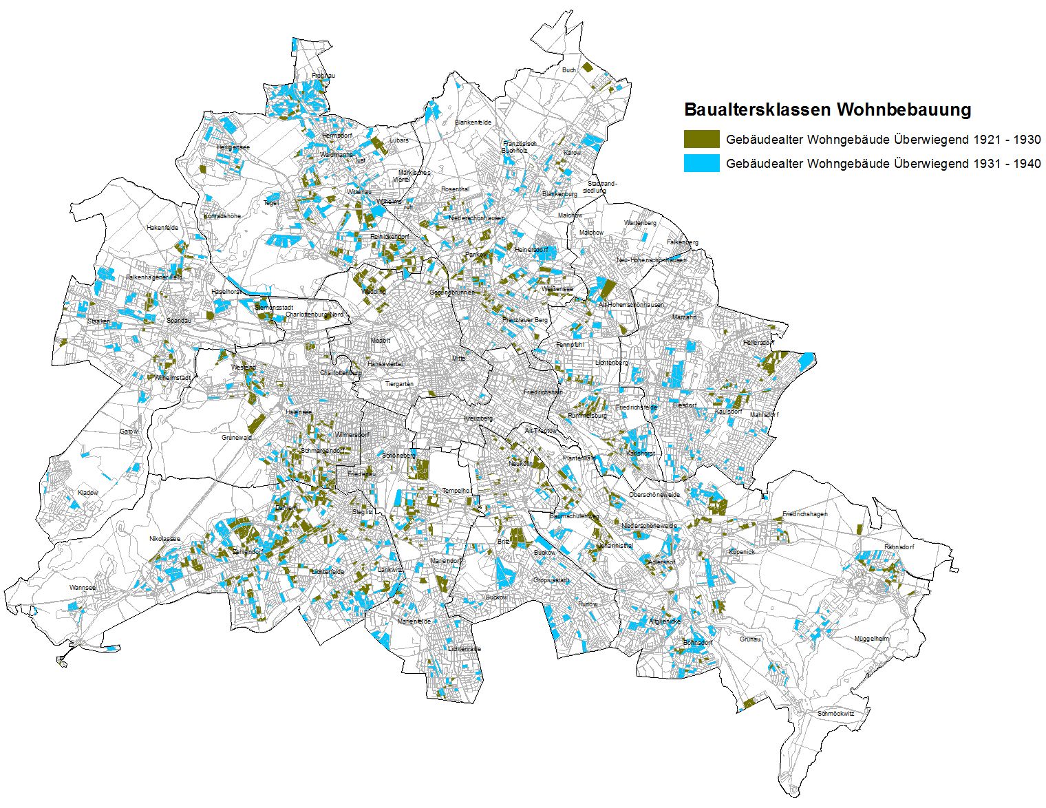 Bildvergrößerung: Abb. 3: Verteilung der Blöcke und Blockteilflächen mit überwiegenden Baualtersklassen Wohnungsbau aus den Jahrzehnten 1921-1930 und 1931-1940 