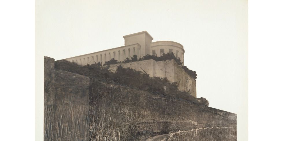 MiesHaus - Ausstellung Ludwig Mies van der Rohe, Entwurf für ein Bismarckdenkmal bei Bingen, Fotomontage, 1910 