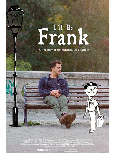 Bildvergrößerung: Ein Filmplakat mit dem Titel "I'll be Frank". In der Mitte sitzt ein Mann auf einer Bank. Neben ist ist die Zeichnung einer Straßenlaterne und die Zeichnung eines Jungen mit einem Davidstern an der Brust.