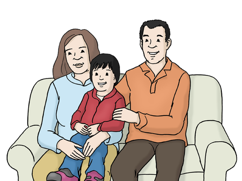 Illustration zweier Eltern auf dem Sofa mit ihrem Kind auf dem Schoß