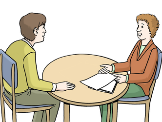 Grafik Mann und Frau sitzen sich im Gespräch an einem runden Tisch gegenüber