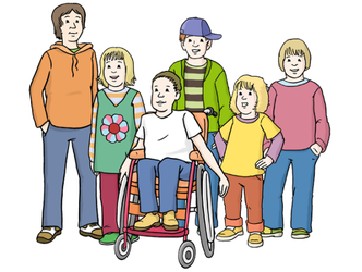 Illustration eines Kinds im Rollstuhl mit anderen Kindern