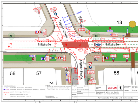 Bildvergrößerung: Verkehrszeichenplan für die Fahrradstraße Triftstraße/Gerichtstraße: Bereich Tegeler Straße