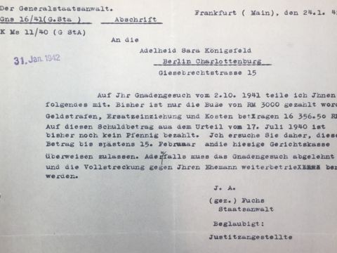 Bildvergrößerung: Schreiben des Generalstaatsanwaltes Frankfurt an Adelheid Königsfeld vom 24. Januar 1942