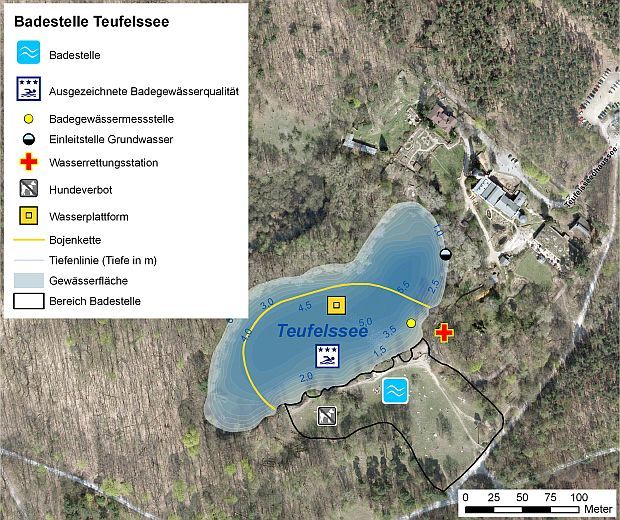 Abb. 1: Übersicht des Badegewässers Teufelssee mit Badestelle, Probenahmestelle und Einleitstellen. 
