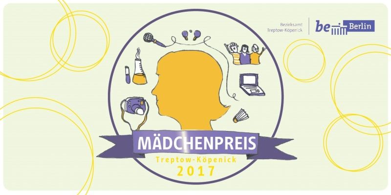 Frontansicht des Flyers Mädchenpreis 2017 mit einer gestalteten Plakette, die einen Mädchenkopf zeigt