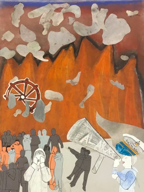 Bildvergrößerung: Feuer! Schnell zum Vorderdeck!, 2019, Zeichnung und Bildcollage, 100 cm x 70 cm, Schülerprojekt „John Maynards letzte Reise