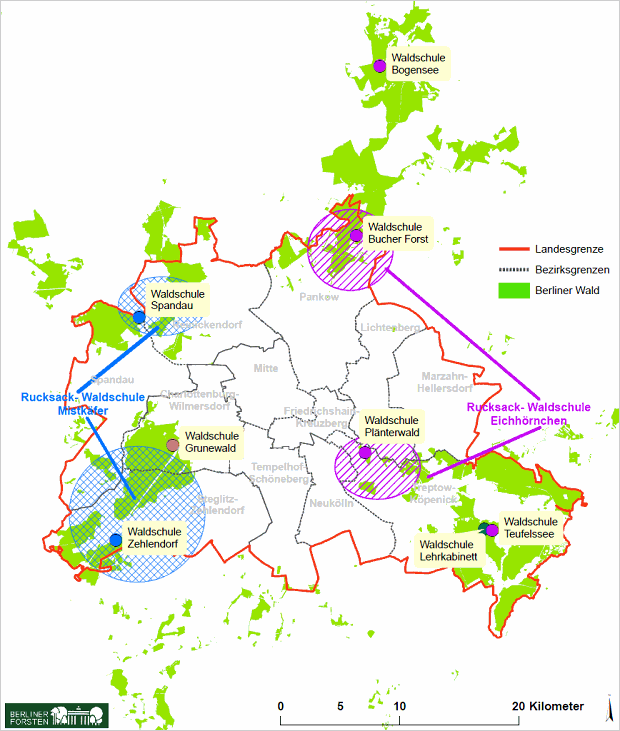 Lageplan der Berliner Waldschulen mit Rucksack-Waldschulen
