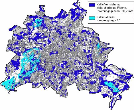 An Kaltluftentstehung bzw. Kaltluftabfluss beteiligte Grünflächen bzw. grünbestimmte Siedlungsräume im Stadtgebiet Berlin