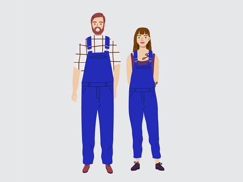 Mann und Frau nebeneinander in Arbeitskleidung