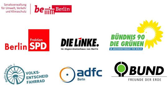 Logos: SenUVK, SPD-Fraktion, Fraktion DIE LINKE, Fraktion Bündnis 90/Die Grünen, Volksentscheid Fahrrad, BUND Berlin, ADFC Berlin