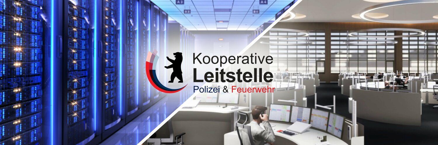 Banner Zweigeteiltes Bild - Serverraum und ein Großraumbüro, darüber Schriftzug Kooperative Leitstelle Polizei & Feuerwehr