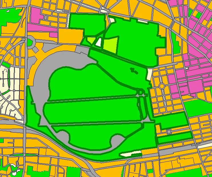 Grünflächenaggregierung am Beispiel des ehemaligen Flughafens Tempelhof und mit ihm funktional verbundener Bereiche. Die dunkelgrüne Linie zeichnet den Umriss der einzelnen Bestandteile der Grünflächeneinheit nach.