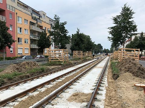 Straßenbahnbaustelle Adlershof II im August 2020
