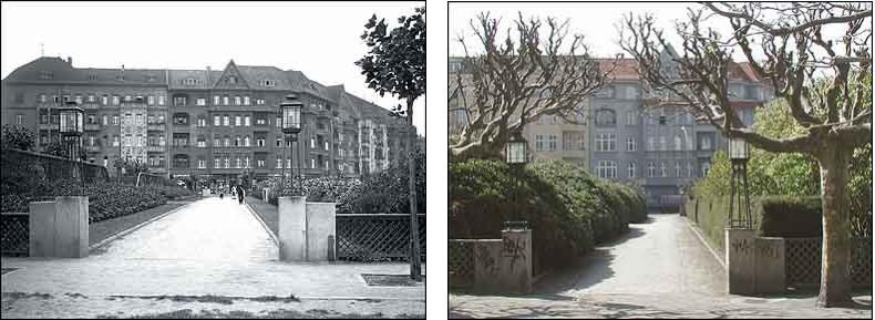 Fotovergleich historisch und heute - Blick von der Brahestraße in die Querachse Richtung Kaiserin-Augusta-Allee auf dem Mierendorffplatz