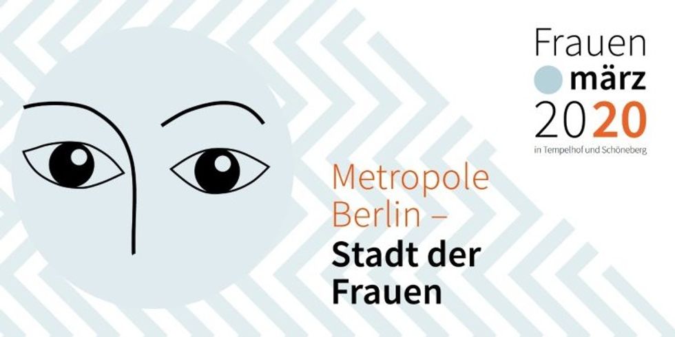 Cover Frauenmärz 2020 in Tempelhof-Schöneberg. Metropole Berlin - Stadt der Frauen. Auf der linken Seite ist ein Gesicht (sehr abstrakt), zu sehen sind nur AUgen, Augenbrauen und Nase.