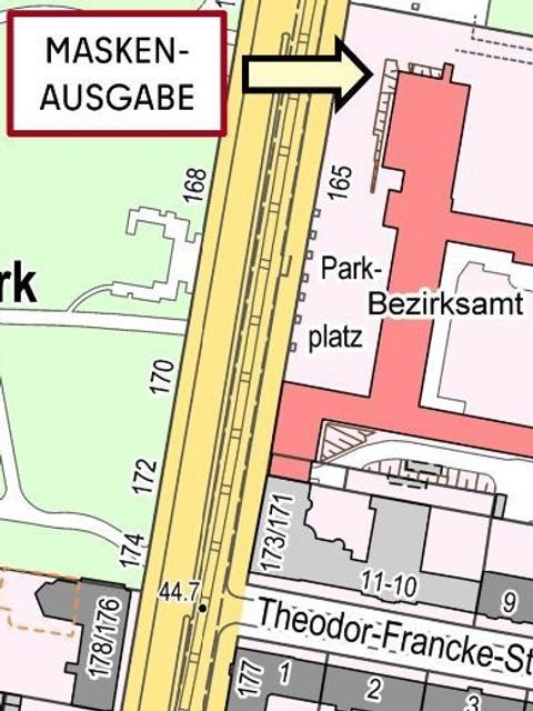 Bildvergrößerung: Skizze des Ausgabeortes für Schutzmasken am Rathaus Tempelhof