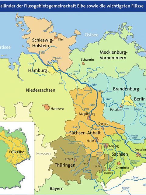 Bildvergrößerung: Die Bundesländer der Flussgebietsgemeinschaft Elbe sowie die wichtigsten Flüsse
