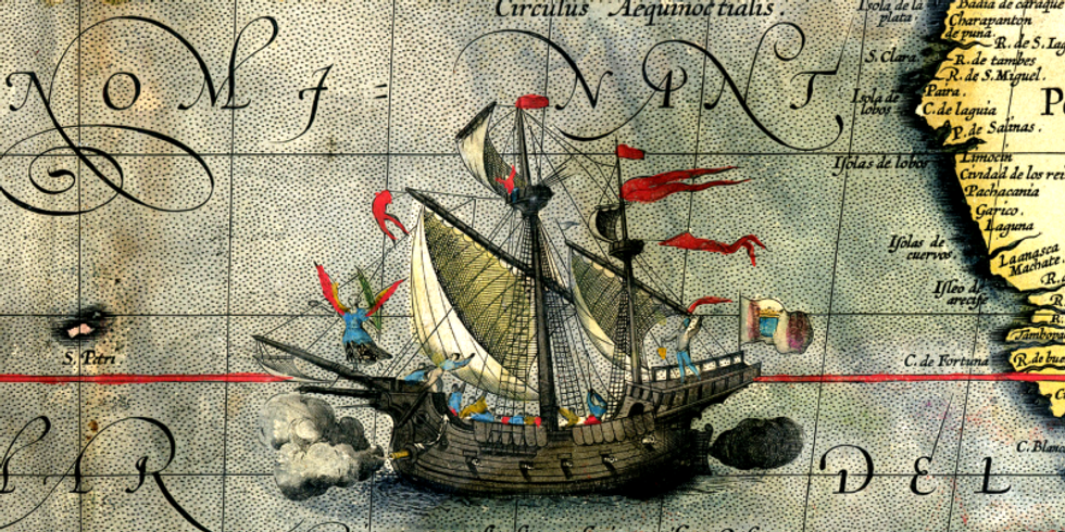 Magellans Schiff „Victoria“, Detail aus einer Weltkarte des Abraham Ortelius 