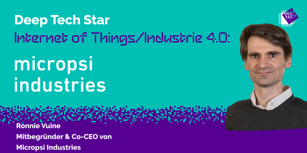 Profilbild Ronnie Vuine auf lila/türkisem Hintergrund und dem Titel: Deep Tech Star IoT/Industrie4.0: micropsi industries