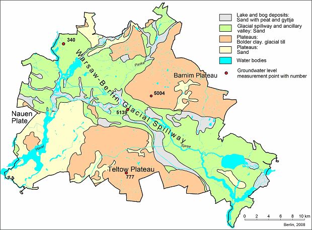 Fig. 12: Position of the four largely unaffected groundwater observation wells: 340 and 5139 in the glacial spillway, 777 on the Teltow plateau, and 5004 on the Barnim plateau