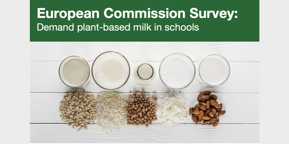 Schriftzug European Comission Survey: Demand plant-based milk in schools und Gefäßen mit pflanzenbasierter Milch