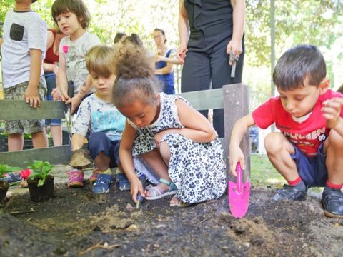 Drei Kleinkinder bepflanzen eine Baumscheibe.