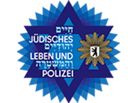 Projektlogo blauer Davidstern mit Polizeistern und Jüdisches Leben und Polizei mit Übersetzung ins Hebräische