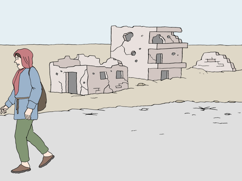Zeichnung: eine Frau mit Rucksack vor kaputten Häusern