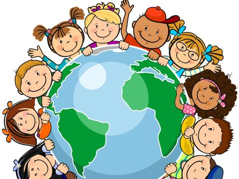 Kinder verschiedener Nationen umkreisen einen Globus (Zeichnung)