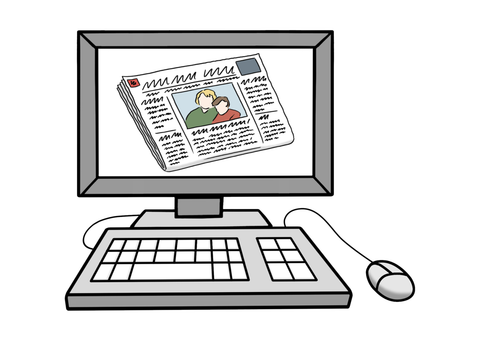 Tastatur und Computer-Bildschirm, auf dem eine Zeitung abgebildet ist