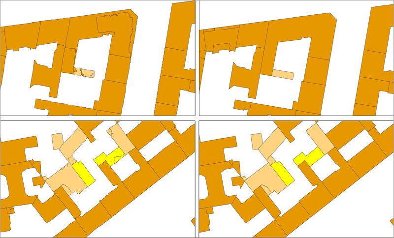 Fig. 12: Aggregation of heights of building segments to the ALK building portions; left: building segments; right: ALK building portions