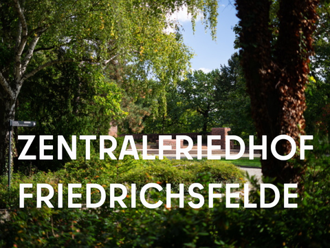Blick in den Zentralfriedhof Friedrichsfelde, belaubte grüne Büsche und Bäume im Vordergrund, Gedenkstätte der Sozialisten im Hintergrund