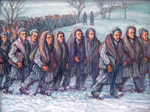 “Death March from Camp Gleiwitz I to Camp Blechhammer”, Oil, 1947. David Friedmann depicts himself as the prisoner with the eyeglasses as a reminder that his art is a first-person witness to evil. He was liberated at Blechhammer by the Red Army on January 25, 1945 