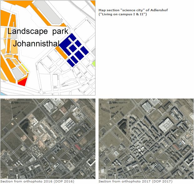 Fig. 5: Increase in population density (p/ha) by more than 40 people between 2016 and 2017 following new construction activity around the “science city” of Adlershof ("Wohnen am Campus I & II"), top: map section (for legend, see Fig. 3), bottom left: section from orthophoto 2016 (DOP 2016), bottom right: section from orthophoto 2017 (DOP 2017)