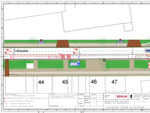 Bildvergrößerung: Verkehrszeichenplan für die Fahrradstraße Triftstraße/Gerichtstraße: Bereich zwischen Luxemburger Straße und Samoastraße