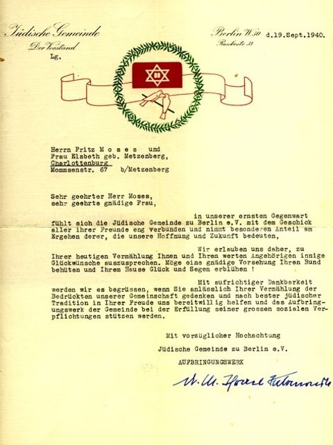 Bildvergrößerung: Brief der jüdischen Gemeinde zur Hochzeit von Fritz und Elsbeth Moses