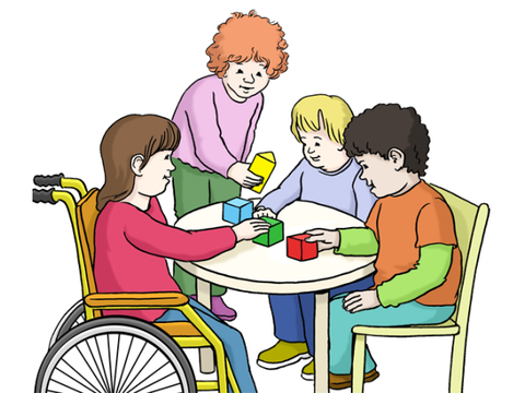 Illustration von Kindern, die an einem Tisch sitzen und spielen