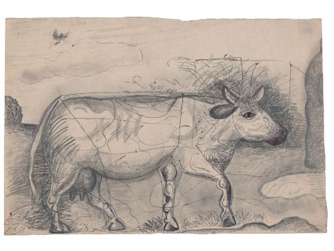 Bildvergrößerung: Strawalde: Kuh, 1961, Bleistift, Feder und Tusche auf Papier, 25 x 37 cm