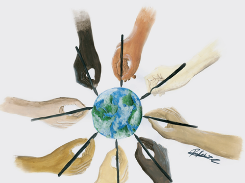 Bildvergrößerung: Hände unterschiedlicher Hautfarben malen gemeinsam ein Bild der Erde