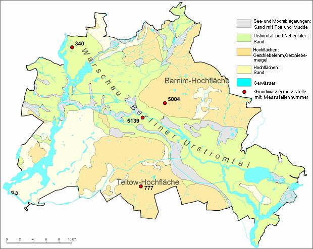 Abb. 12: Lage von vier beispielhaften Grundwassermessstellen: 340 und 5139 im Urstromtal, 777 auf der Teltow-Hochfläche und 5004 auf der Barnim-Hochfläche