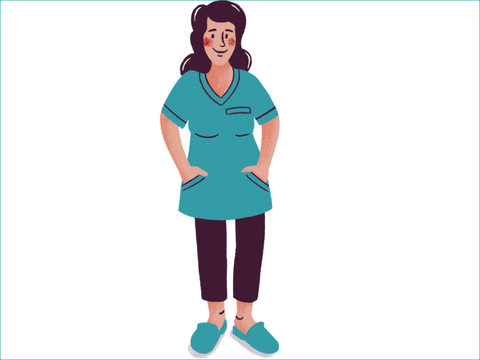 Illustration einer Pflegehelferin, sie trägt ein türkisfarbenes Tunikashirt, schwarze Hosen und türkisfarbene Schuhe.