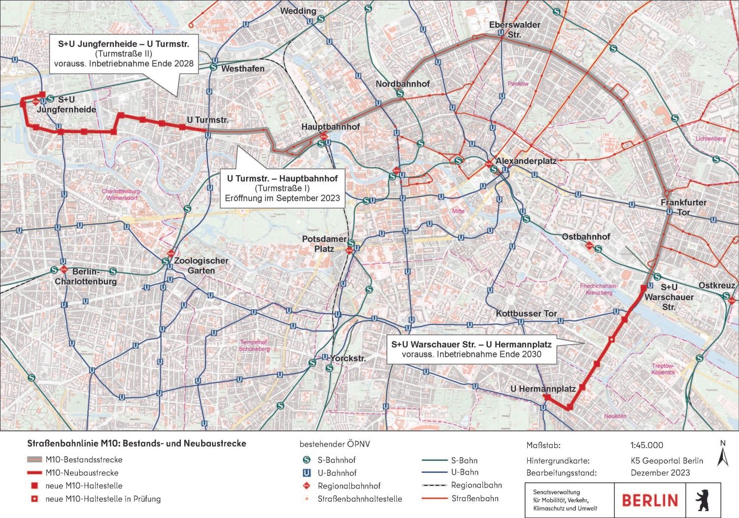 Bildvergrößerung: Geplante Linienführung der Straßenbahnstrecke M10 – Verbindung vom Hermannplatz bis Jungfernheide