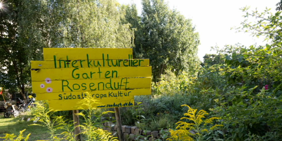 Schild im Garten "Interkultureller Garten Rosenduft. Südosteuropa Kultur e.V."