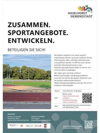 Plakat zum Beteiligungsprojekt zur Machbarkeitsstudie zum Stadion Haselhorst